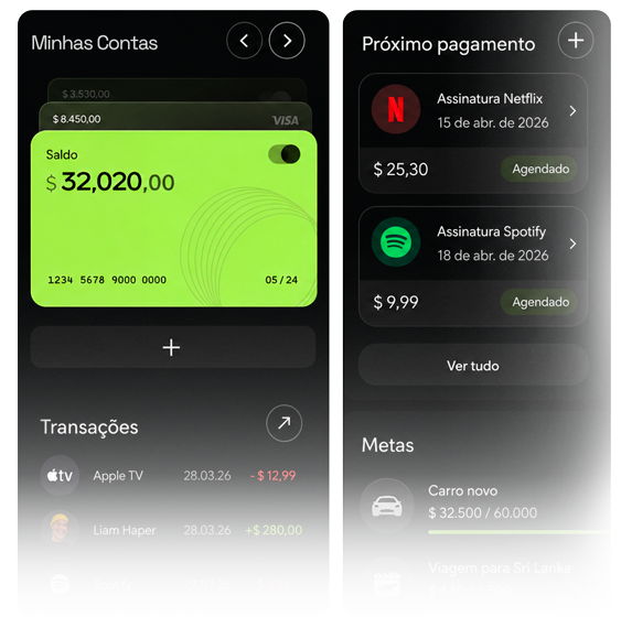 Dashboard do mydatafin mostrando cartões, pagamentos, transações e metas